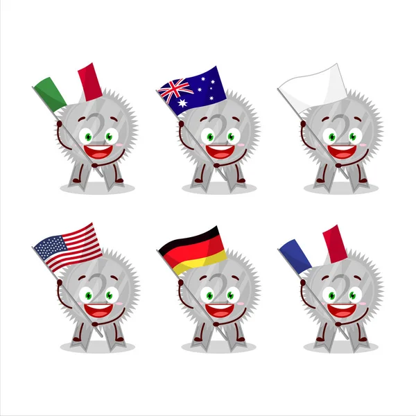 Silver medaljer band tecknad karaktär föra flaggor i olika länder — Stock vektor