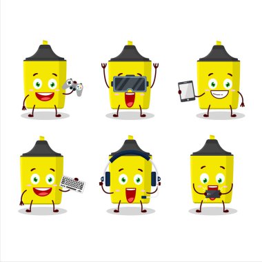 Sarı renkli çizgi film karakteri çeşitli şirin duygu simgeleriyle oyunlar oynuyor