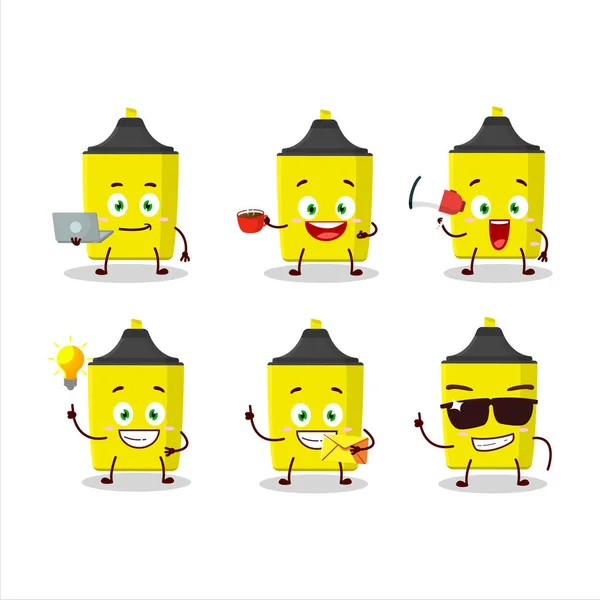 Personaje de dibujos animados iluminador amarillo con varios tipos de emoticonos de negocios — Vector de stock