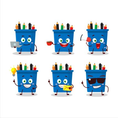 Ofis kalem standı çizgi film karakteri ve çeşitli iş simgeleri