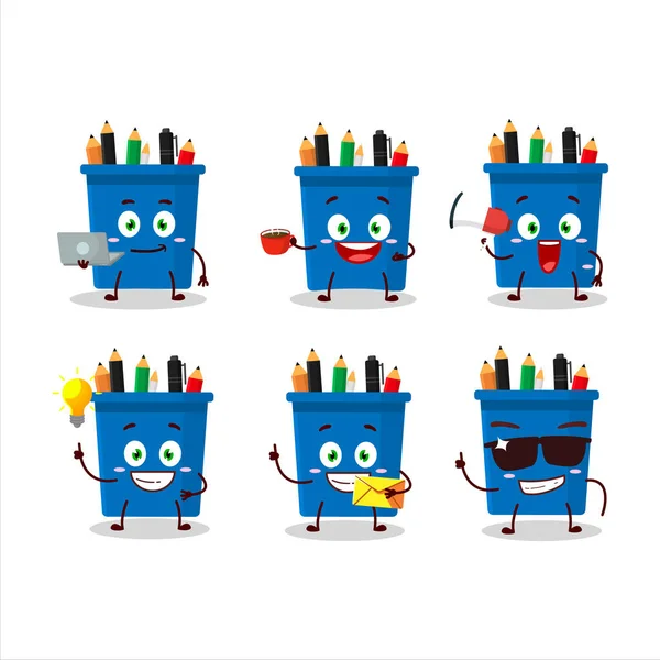 Ofis kalem standı çizgi film karakteri ve çeşitli iş simgeleri