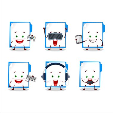 Mavi manila dizin çizgi film karakteri çeşitli şirin duygu simgeleriyle oyunlar oynuyor