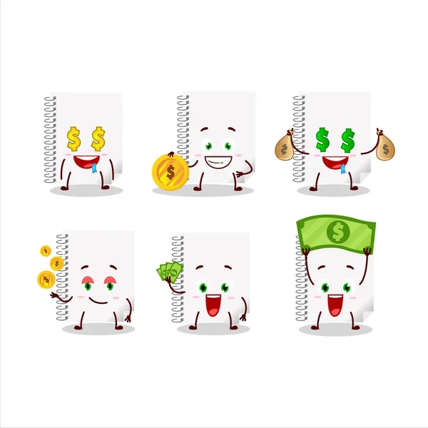 Spirale bianco bianco notebook personaggio dei cartoni animati con emoticon carino portare soldi — Vettoriale Stock