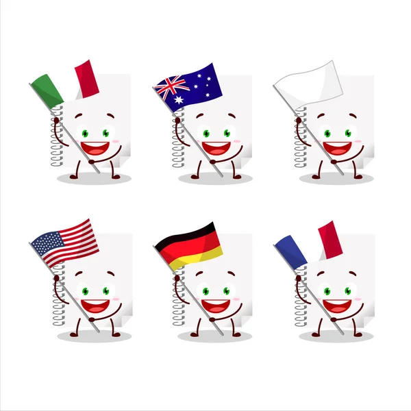 Spiral blank white notebooks cartoon character bring the flags of various countries — Stock Vector