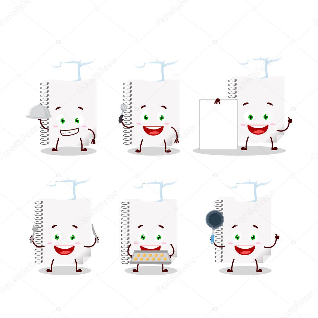 Cartoon character of spiral blank white notebooks with various chef emoticons