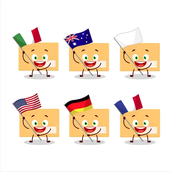 Personaje de dibujos animados sobre rectángulo marrón traer las banderas de varios países — Vector de stock