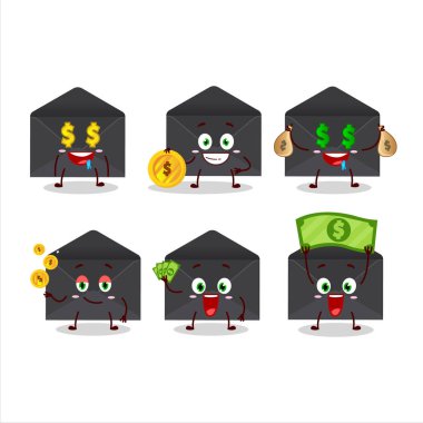 Siyah zarf çizgi film karakteri, şirin ifadeli, para getiriyor.