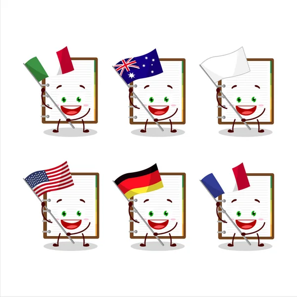 Ημερολόγιο σημειώσεις χαρακτήρα κινουμένων σχεδίων φέρει τις σημαίες των διαφόρων χωρών — Διανυσματικό Αρχείο
