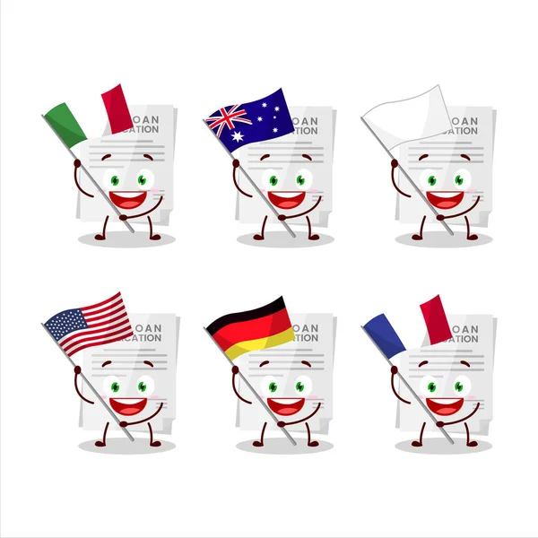 Demande de prêt de voiture personnage de bande dessinée apporter les drapeaux de divers pays — Image vectorielle