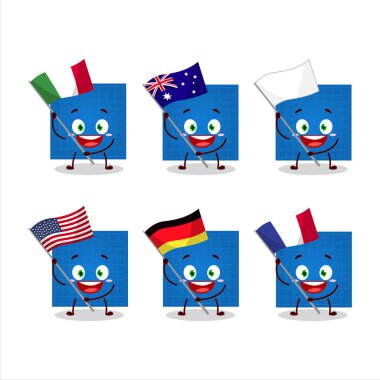 Taslak kağıt karikatür karakteri çeşitli ülkelerin bayraklarını getiriyor