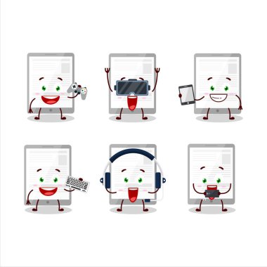 Tablet karikatür karakterindeki haberler çeşitli şirin ifadelerle oyunlar oynuyor. Vektör illüstrasyonu