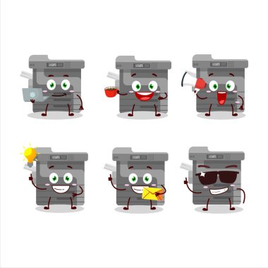 Çeşitli iş simgeleri içeren ofis fotokopi çizgi film karakteri