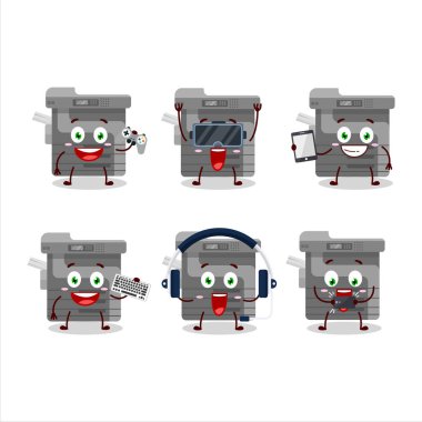 Ofis fotokopi karakteri çeşitli şirin duygu simgeleriyle oyunlar oynuyor