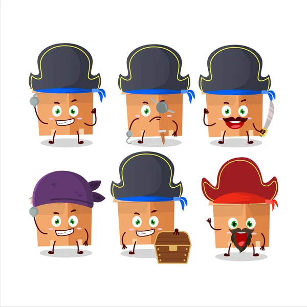 Personaje de dibujos animados de cajas de oficina con varios emoticonos piratas — Vector de stock