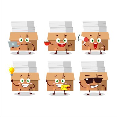 Çeşitli iş simgeleri içeren karikatür karakterli ofis kutuları