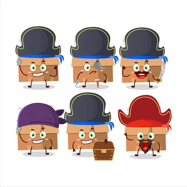 Personagem de desenhos animados de caixas de escritório com papel com vários emoticons piratas — Vetor de Stock