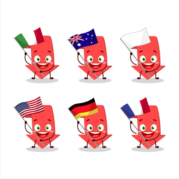 Freccia giù personaggio dei cartoni animati portare le bandiere di vari paesi — Vettoriale Stock