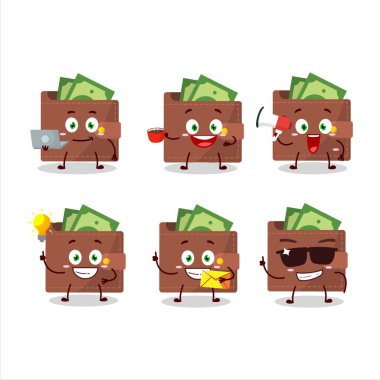 Çeşitli iş simgelerine sahip kahverengi cüzdan çizgi film karakteri