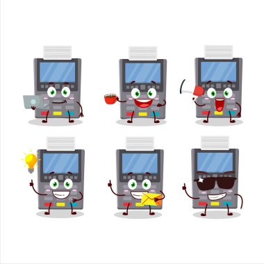 Gri ödeme terminali çizgi film karakteri ve çeşitli iş simgeleri