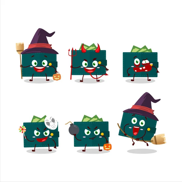 Émoticônes d'expression Halloween avec personnage de dessin animé de portefeuille vert — Image vectorielle