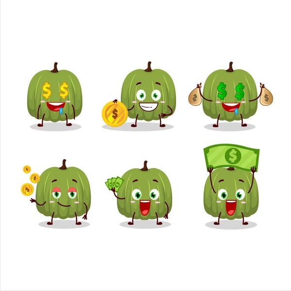 Karakter kartun labu hijau dengan emoticon lucu membawa uang - Stok Vektor