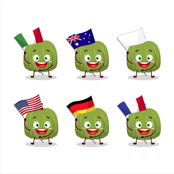 Personnage de dessin animé citrouille verte apporter les drapeaux de divers pays — Image vectorielle