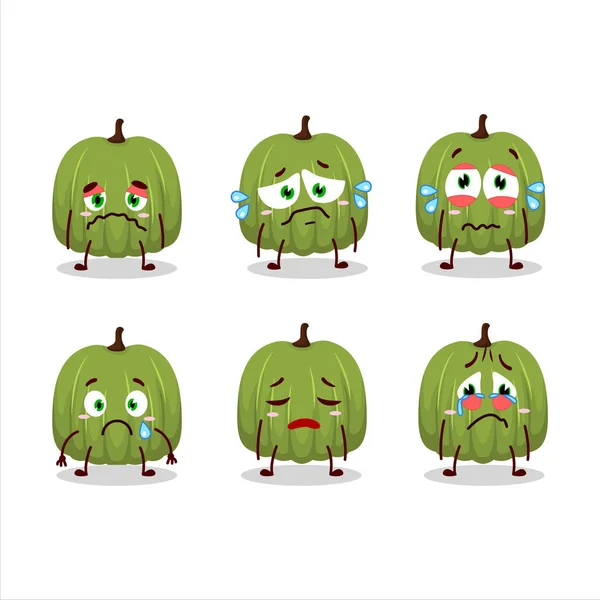 Personaje de dibujos animados calabaza verde con expresión triste — Vector de stock