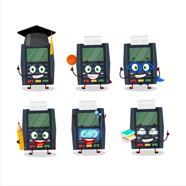Estudiante de la escuela de la tarjeta bancaria terminal personaje de dibujos animados con diversas expresiones — Vector de stock