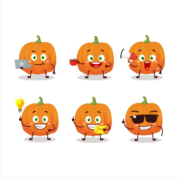 Πορτοκαλί χαρακτήρας κινουμένων σχεδίων κολοκύθας με διάφορους τύπους emoticons επιχειρήσεων — Διανυσματικό Αρχείο