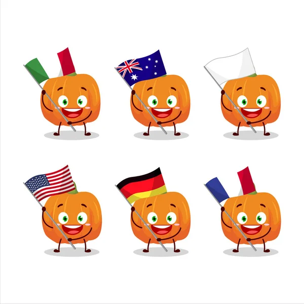 Pomarańczowy postać z kreskówki dyni przynieść flagi różnych krajów — Wektor stockowy
