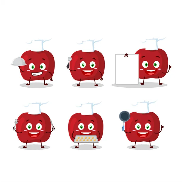 Postać z kreskówki czerwone jabłko z różnych emotikony szefa kuchni — Wektor stockowy