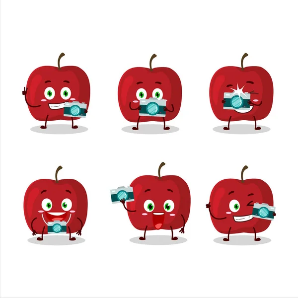 Photographer profession emoticon with red apple cartoon character — Stock Vector