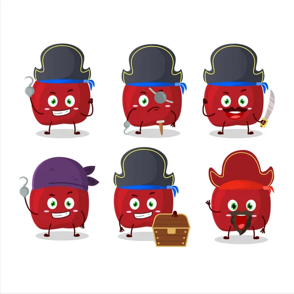 Cartone animato personaggio di mela rossa con vari pirati emoticon — Vettoriale Stock