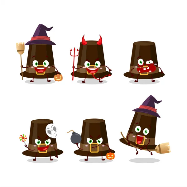 Émoticônes d'expression Halloween avec personnage de bande dessinée de pèlerins bruns chapeau — Image vectorielle