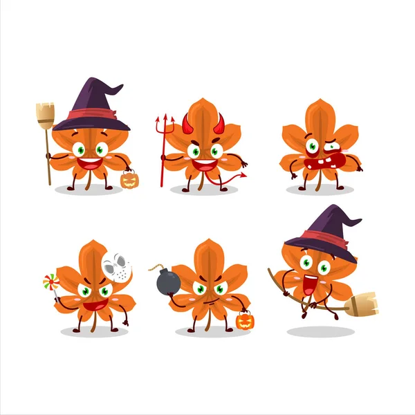 Emoticon di espressione di Halloween con personaggio dei cartoni animati di foglie secche arancioni — Vettoriale Stock