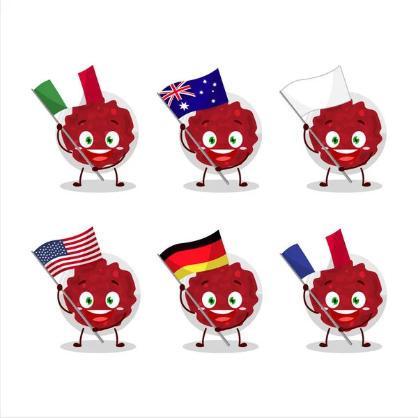 Mashed cranberry χαρακτήρα κινουμένων σχεδίων φέρει τις σημαίες των διαφόρων χωρών — Διανυσματικό Αρχείο