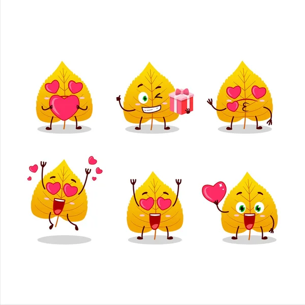 Amarillo hojas secas personaje de dibujos animados con amor lindo emoticono — Archivo Imágenes Vectoriales