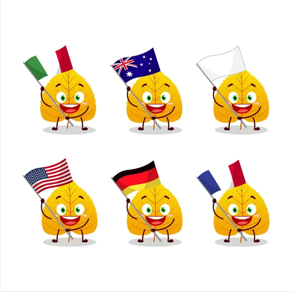 Feuilles séchées jaune personnage de bande dessinée apporter les drapeaux de divers pays — Image vectorielle