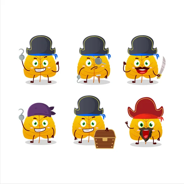 Personaje de dibujos animados de hojas secas amarillas con varios emoticonos piratas — Vector de stock