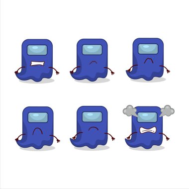 Aramızda sinirli ifadeleri olan mavi çizgi film karakteri var.