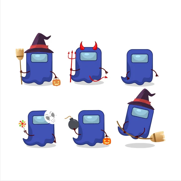 Emoticones de expresión de Halloween con personaje de dibujos animados de fantasma entre nosotros azul — Vector de stock