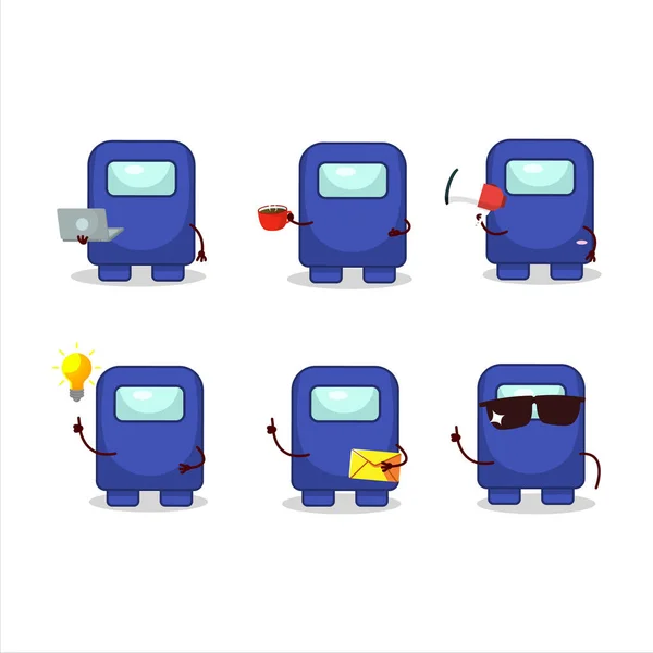 Entre nosotros personaje de dibujos animados azules con varios tipos de emoticonos de negocios — Vector de stock