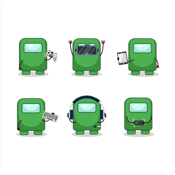 Di antara kita karakter kartun hijau sedang bermain game dengan berbagai emoticon lucu - Stok Vektor