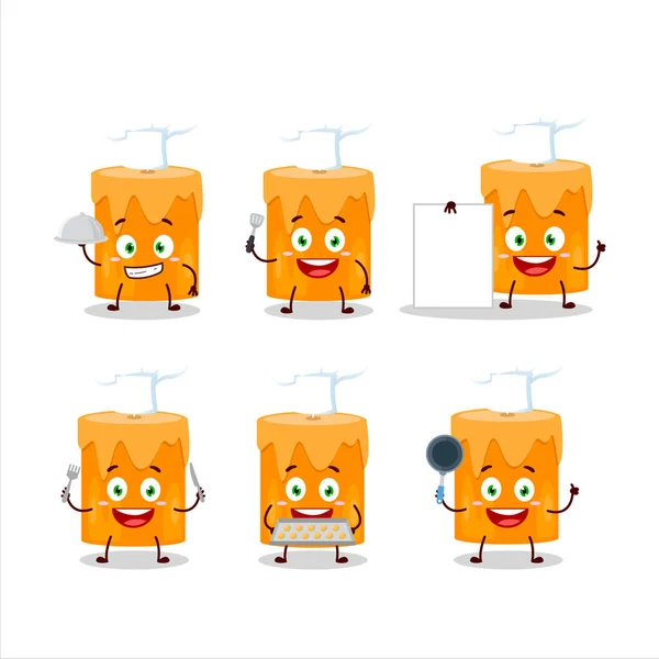 Caractère de bande dessinée de bougie orange avec divers émoticônes chef — Image vectorielle