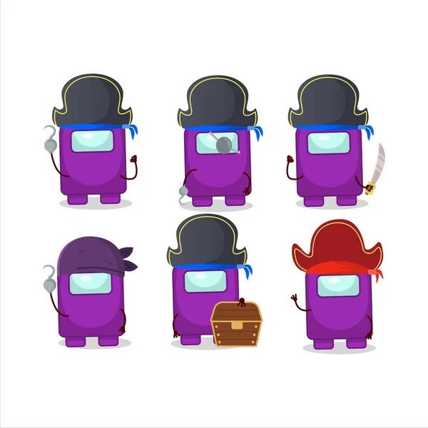 Мультфильм Характер Среди Нас Фиолетовый Различными Смайликами Пиратов — стоковый вектор