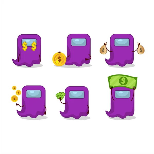 Fantasma entre nosotros personaje de dibujos animados púrpura con emoticono lindo traer dinero — Vector de stock