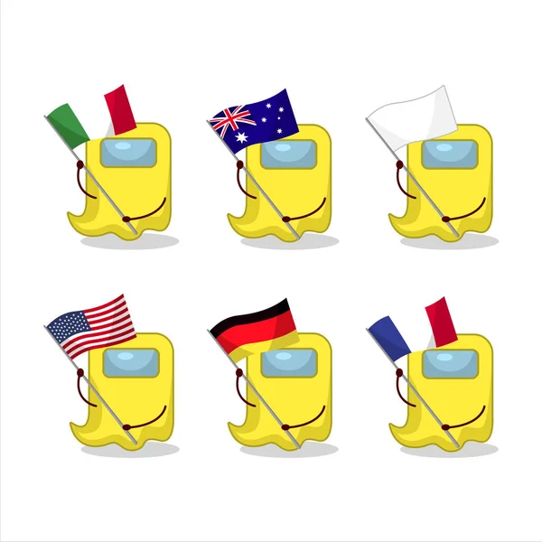 Duch wśród nas żółty postać z kreskówek przynieść flagi różnych krajów — Wektor stockowy