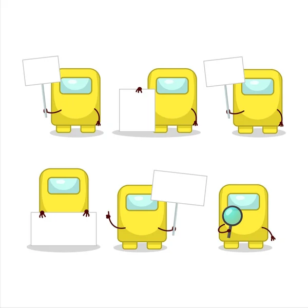 Among us yellow cartoon character bring information board — Stock Vector
