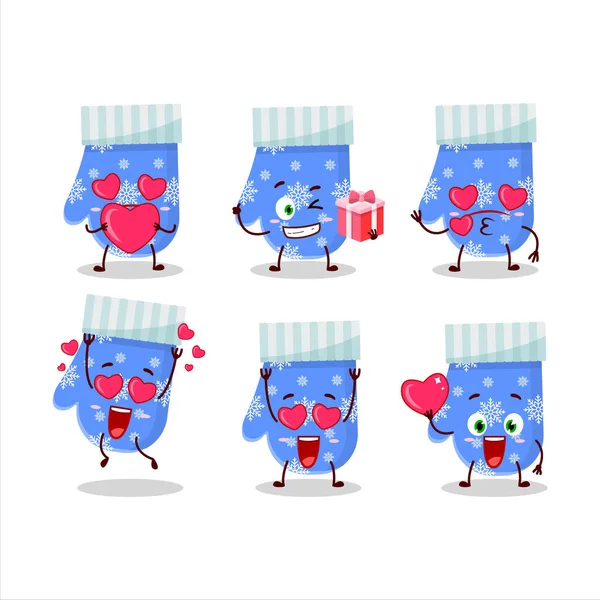Blauwe handschoenen tekenfilm karakter met liefde schattig emoticon — Stockvector
