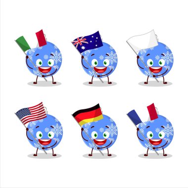 Noel balosu mavi çizgi film karakteri çeşitli ülkelerin bayraklarını getiriyor.